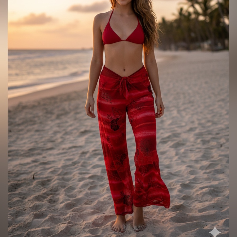 Vintage Y2K Liquid Blue Red Tropical Floral Bikini cover up pants mesh glitter